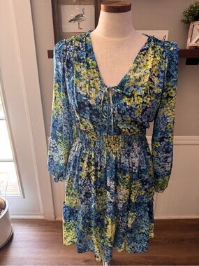 Taylor Blue and Green Floral Tie-Front Smocked Mini Dress